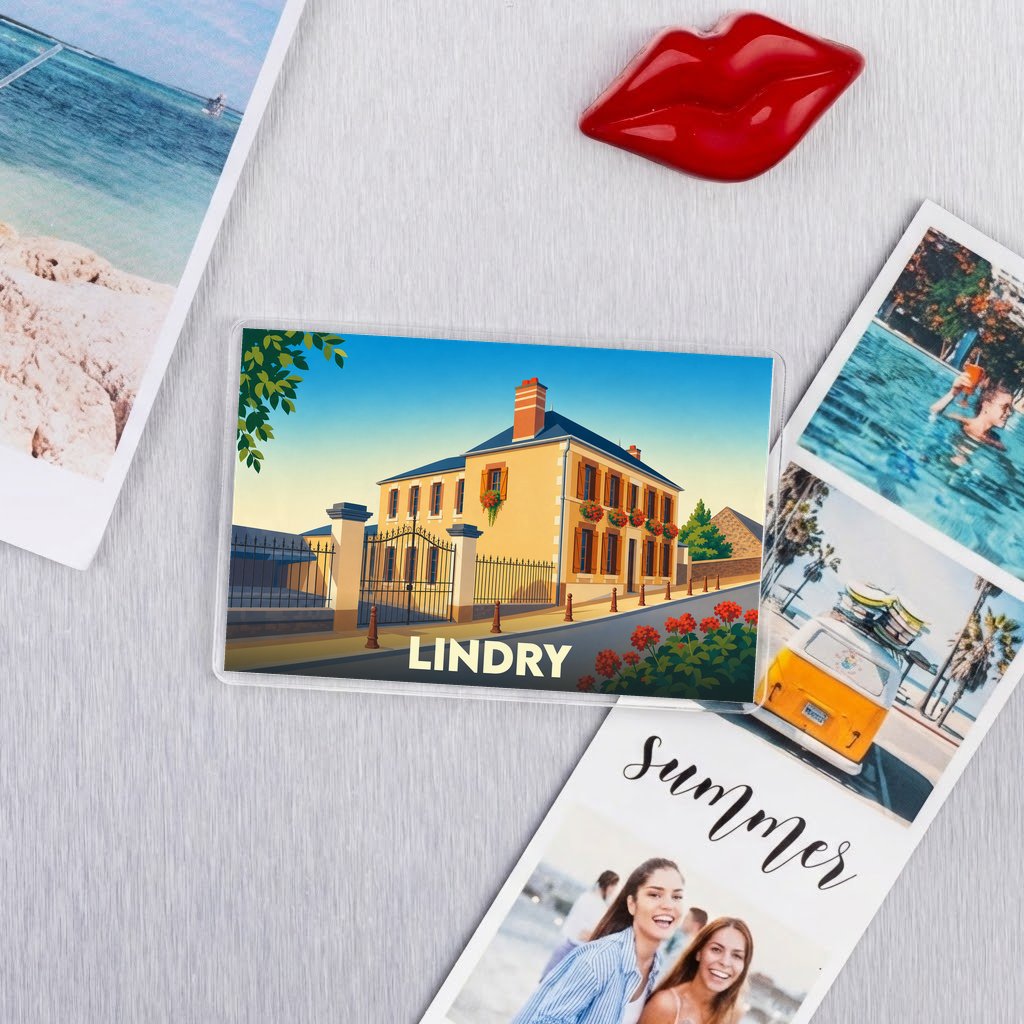 Magnet souvenir de la ville de Lindry avec une illustration stylisée.