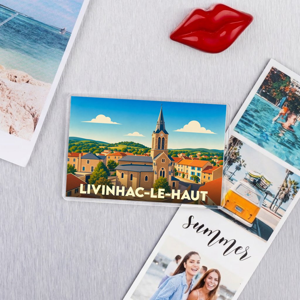 Magnet souvenir de la ville de Livinhac-le-Haut avec une illustration stylisée d'une église et d'un village.