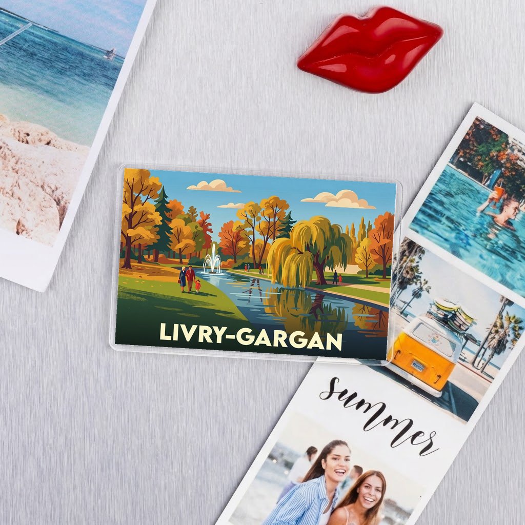 Magnet souvenir de la ville de Livry-Gargan avec une illustration stylisée d'un parc en automne.