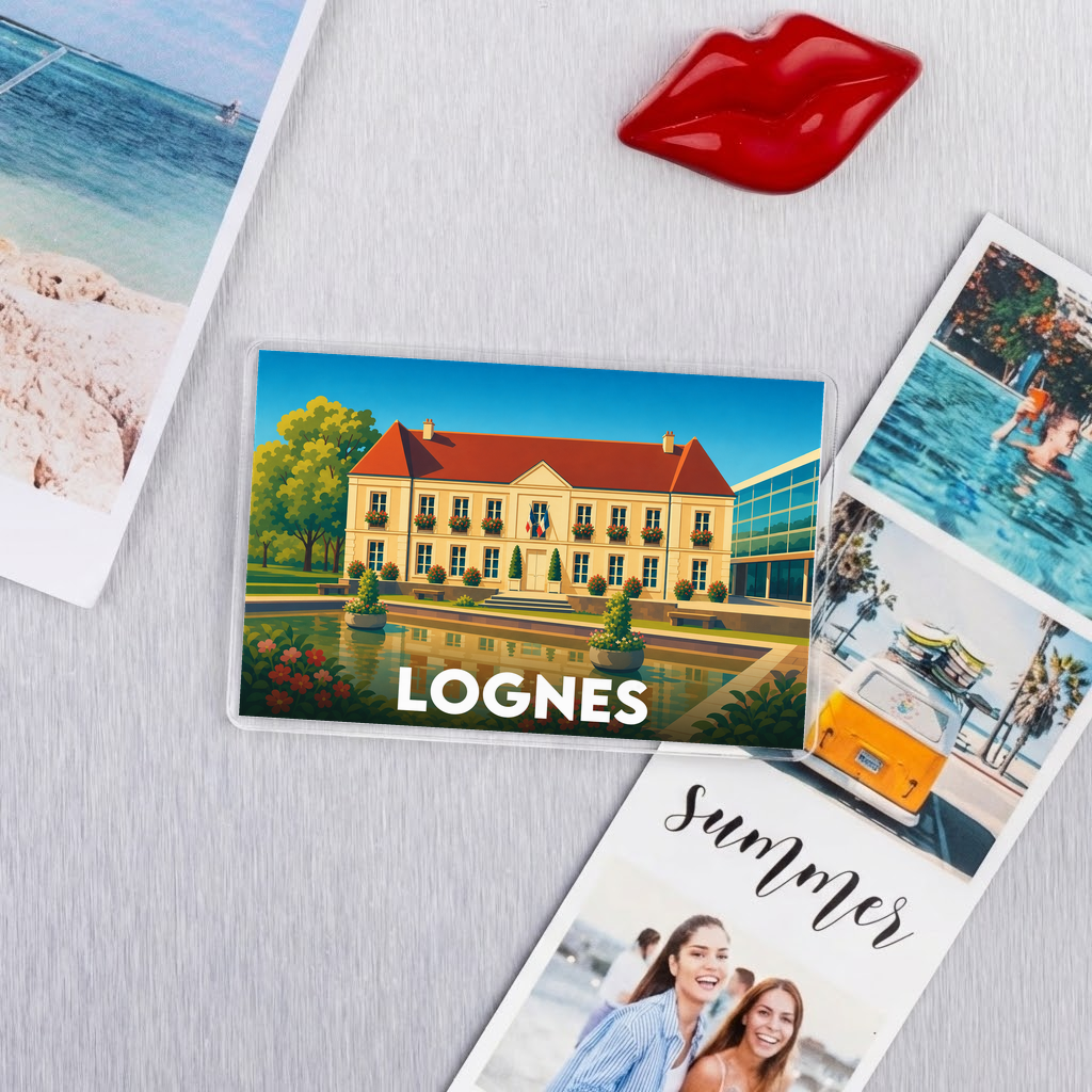 Magnet souvenir de la ville de Lognes avec une illustration stylisée.
