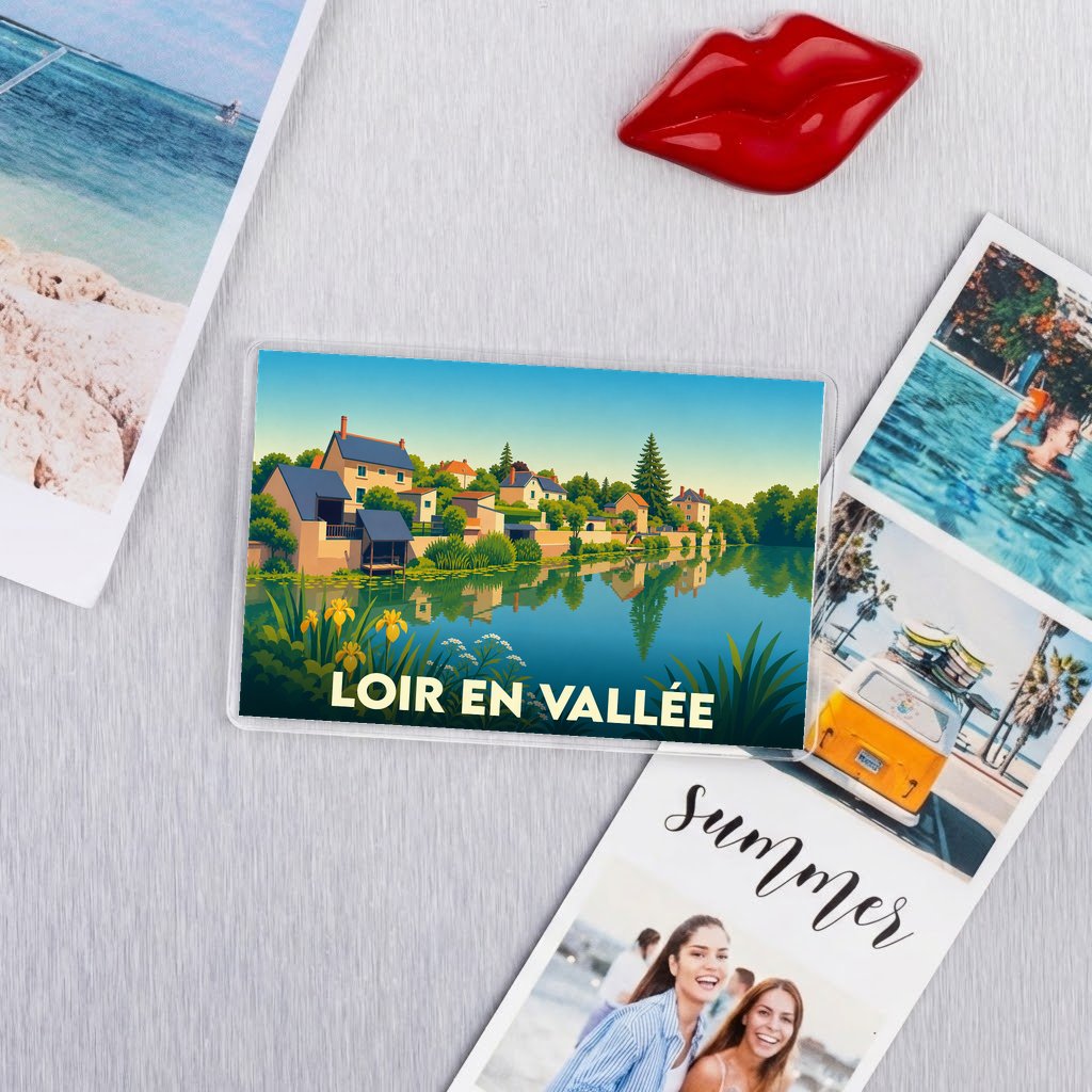 Magnet souvenir de la ville de Loir en Vallée avec une illustration stylisée.