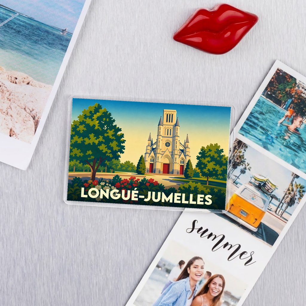 Magnétis souvenir de la ville de Longué-Jumelles avec une illustration stylisée de son église.