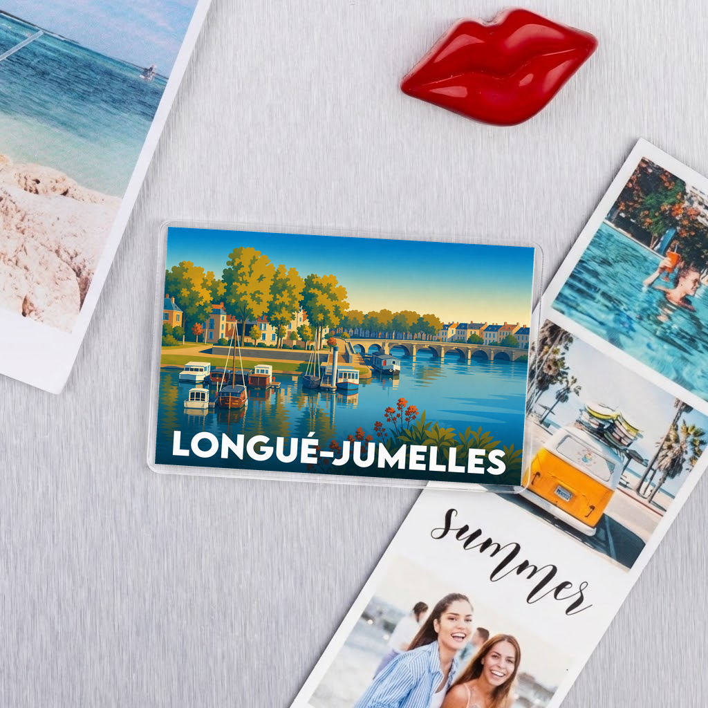 Magnet souvenir de la ville de Longué-Jumelles avec une illustration stylisée des bords de l'Authion.