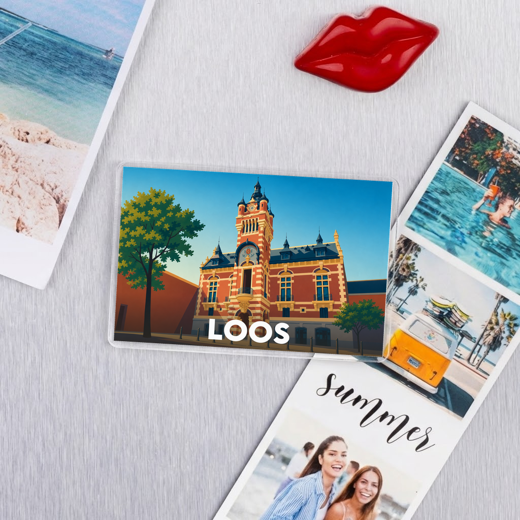 Magnet souvenir de la ville de Loos avec une illustration stylisée.