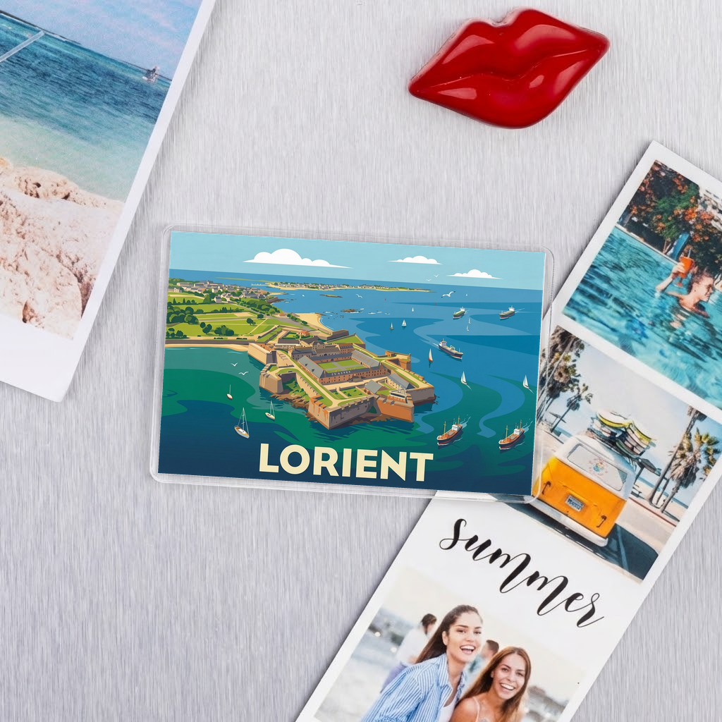 Magnet souvenir de la ville de Lorient avec une illustration stylisée de son paysage côtier.