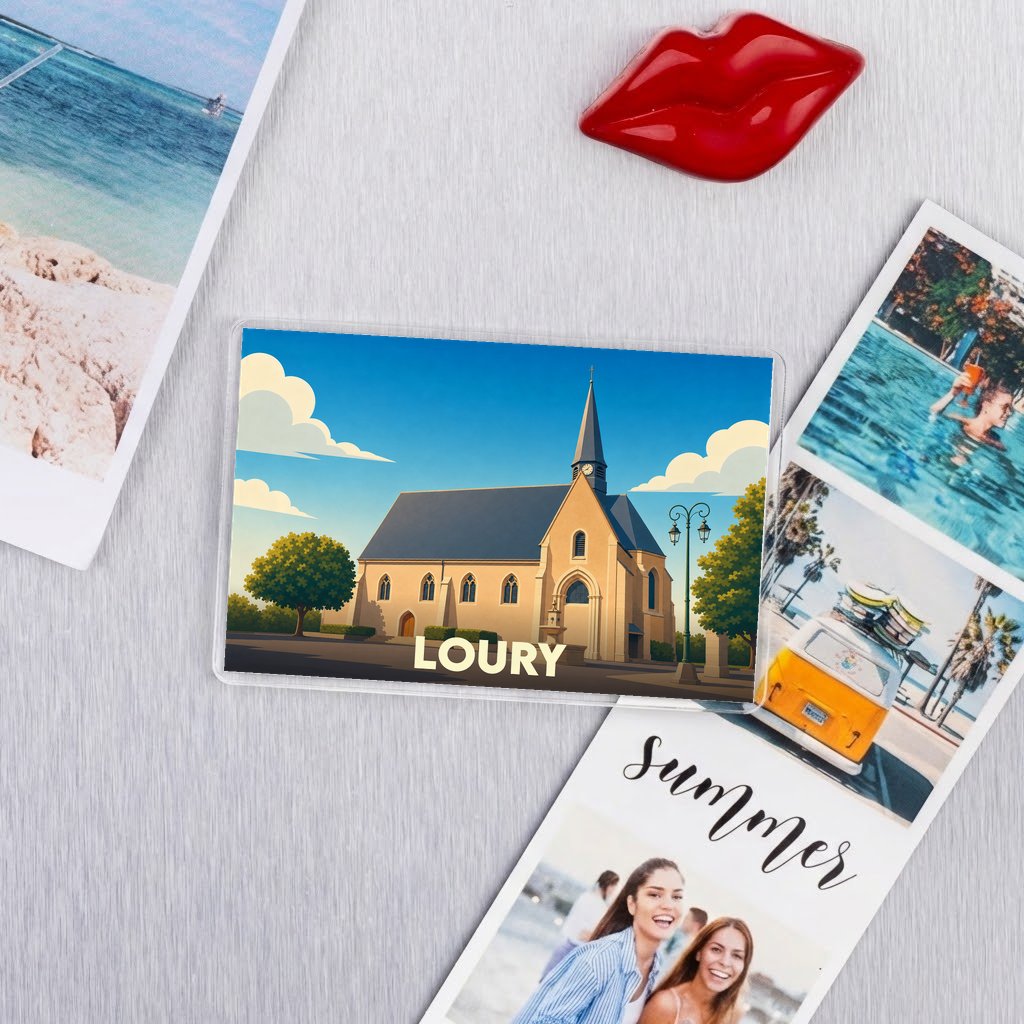 Magnet souvenir de la ville de Loury avec une illustration stylisée de son église.