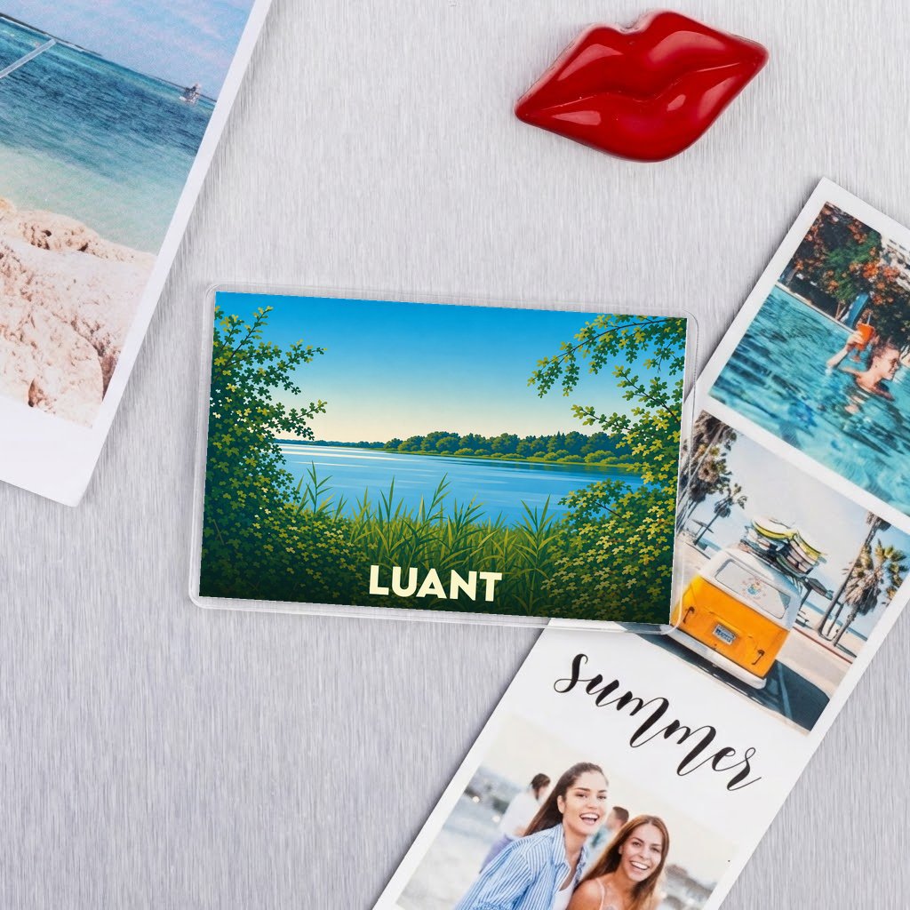Magnet souvenir de la ville de Luant avec une illustration stylisée de son étang.