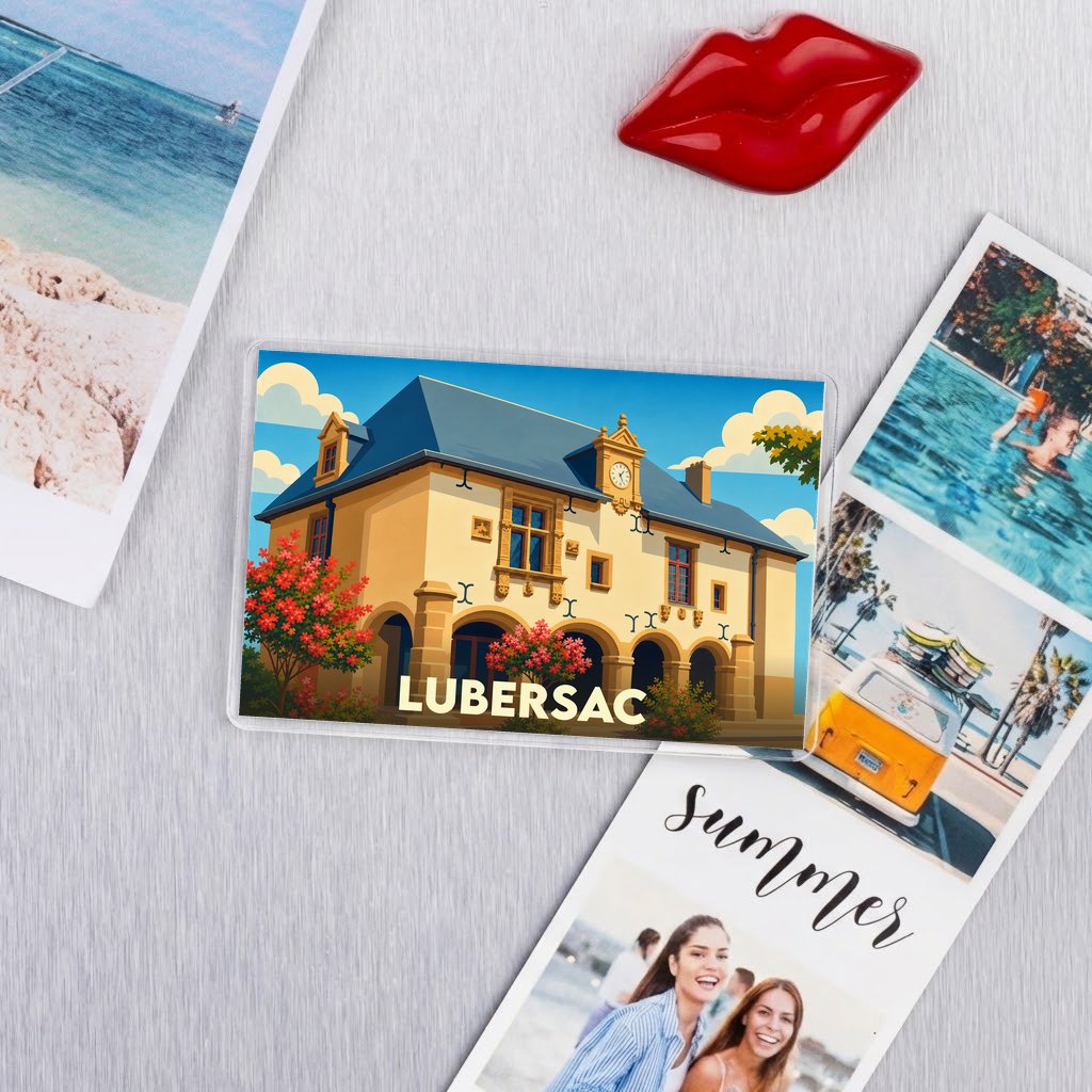 Magnet souvenir de la ville de Lubersac avec une illustration stylisée de son hôtel de ville.