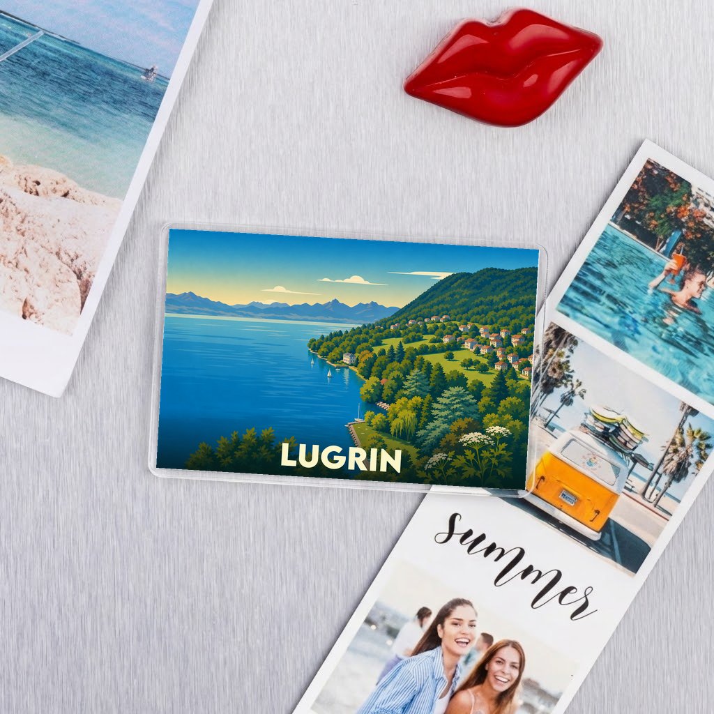Magnet souvenir de la ville de Lugrin illustrant un paysage de lac et de montagnes.