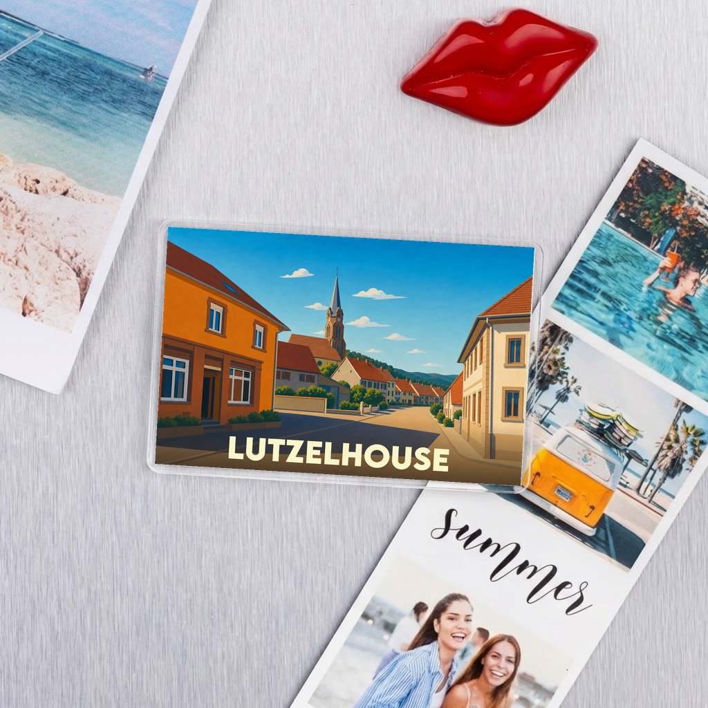 Magnet souvenir de la ville de Lutzelhouse avec une illustration stylisée.