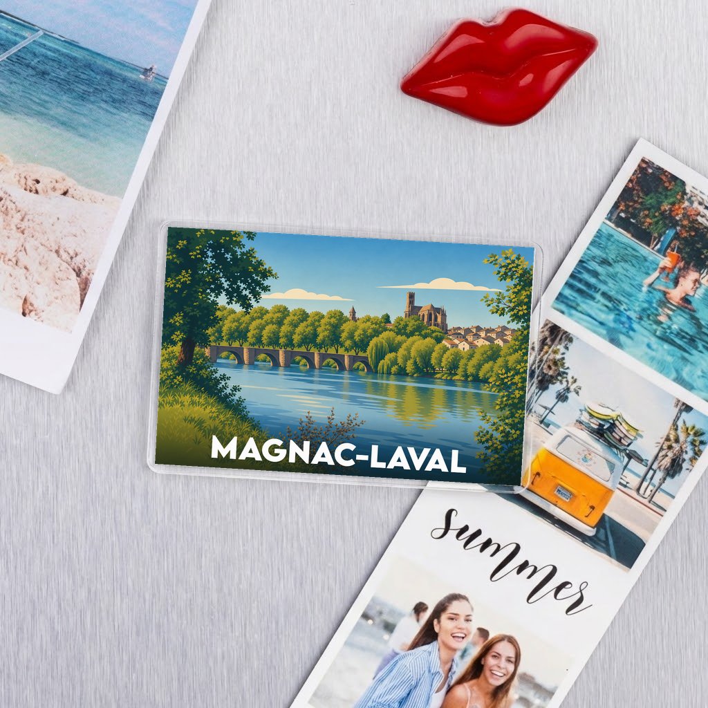 Magnet souvenir de la ville de Magnac-Laval avec une illustration stylisée d'un pont et d'une église au bord de l'eau.