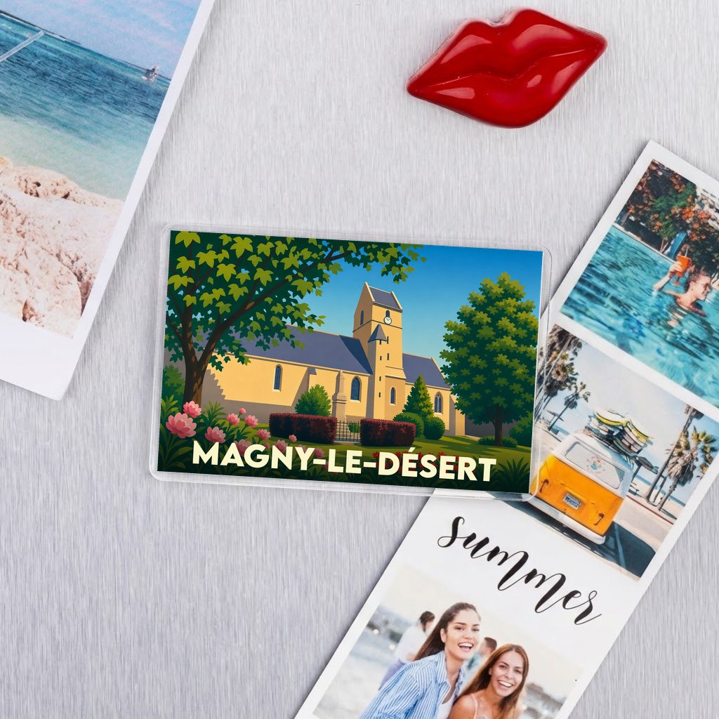 Magnet souvenir de la ville de Magny-le-Désert avec une illustration stylisée de son église.