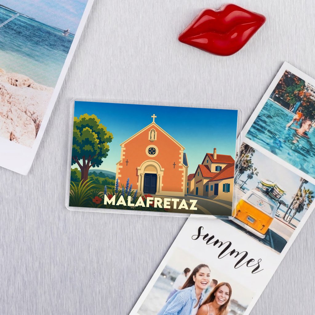 Magnet souvenir de la ville de Malafretaz avec une illustration stylisée d'une église.