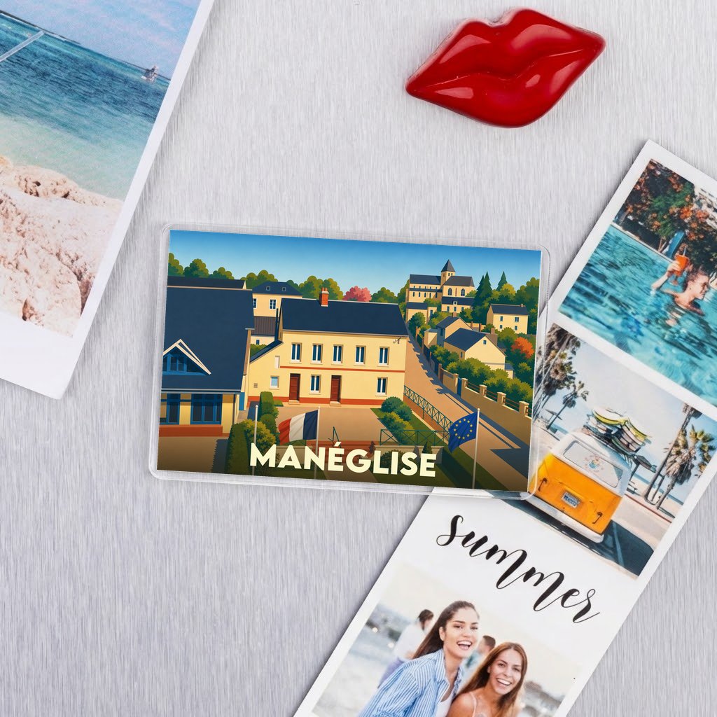 Magnet souvenir de la ville de Manéglise avec une illustration stylisée.