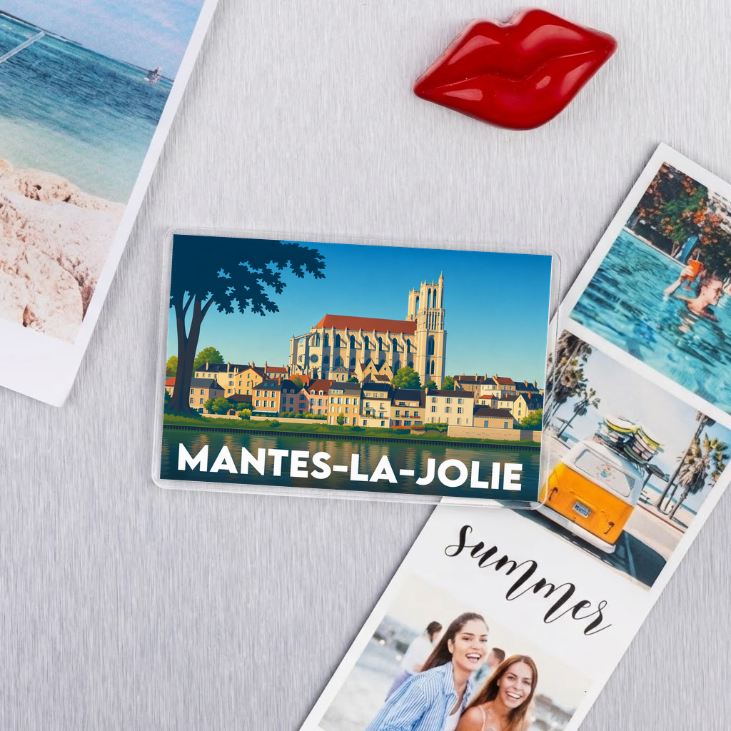 Magnet souvenir de la ville de Mantes-la-Jolie avec une illustration stylisée.