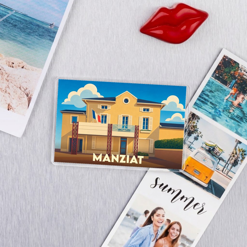 Magnet souvenir de la ville de Manziat avec une illustration stylisée de sa mairie.