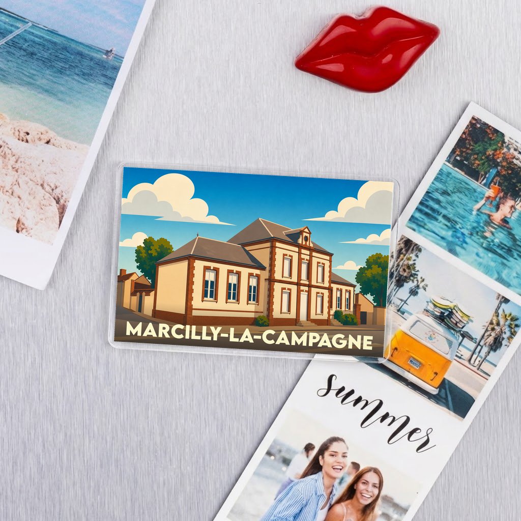 Magnet rectangulaire souvenir de la ville de Marcilly-la-Campagne avec une illustration stylisée de sa mairie.