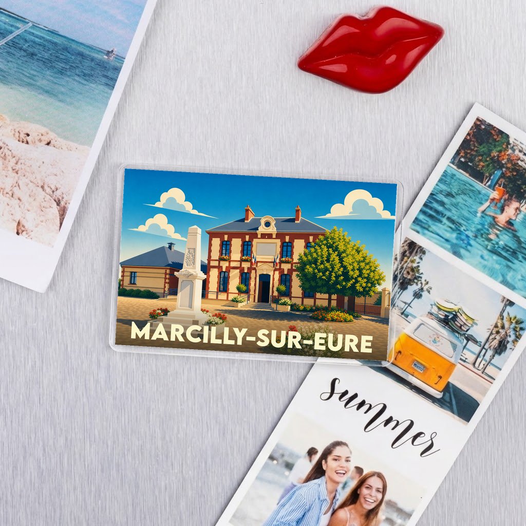 Magnet souvenir de la ville de Marcilly-sur-Eure avec une illustration stylisée de sa mairie.