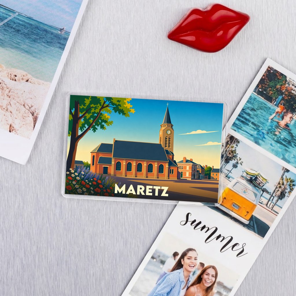 Magnet souvenir de la ville de Maretz avec une illustration stylisée.