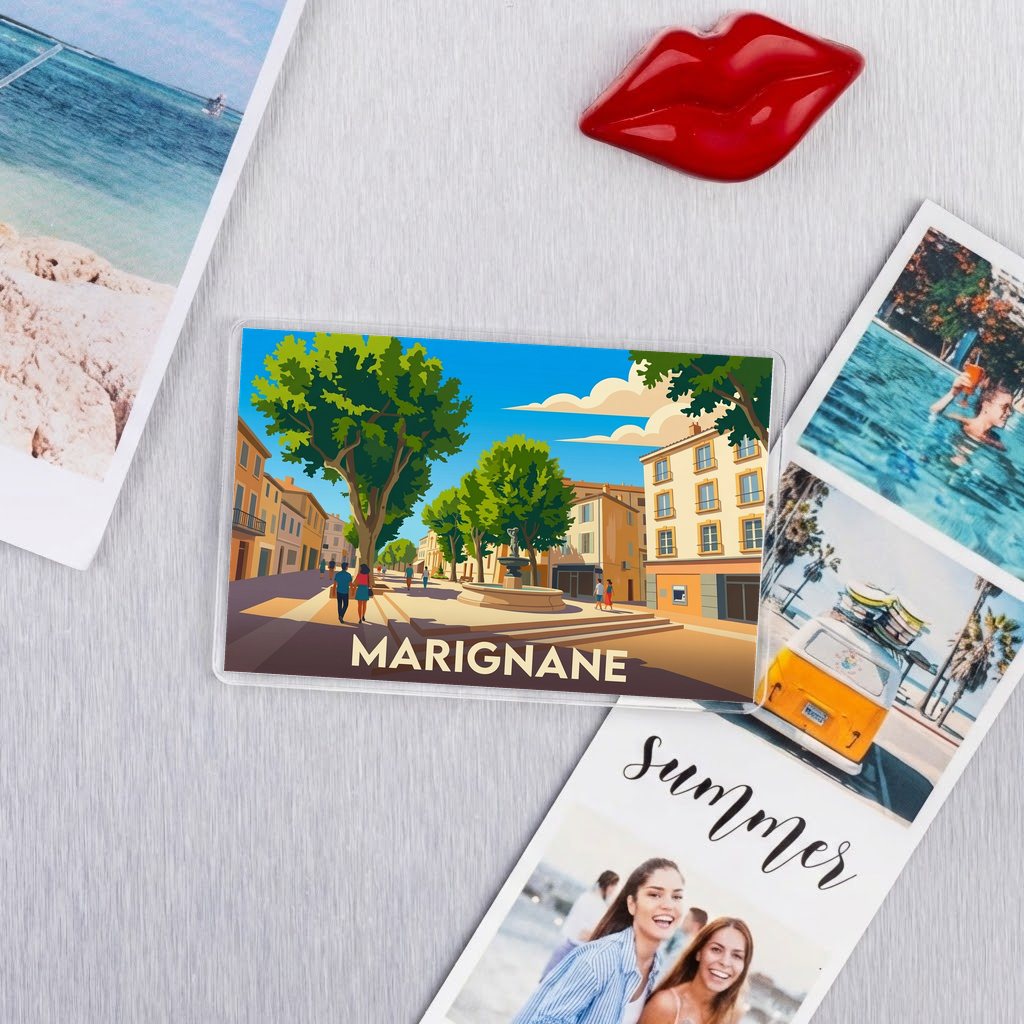 Magnet souvenir de la ville de Marignane avec une illustration stylisée.
