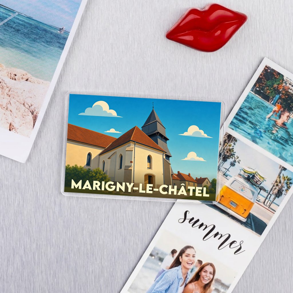 Magnet souvenir de la ville de Marigny-le-Châtel avec une illustration stylisée de son église.
