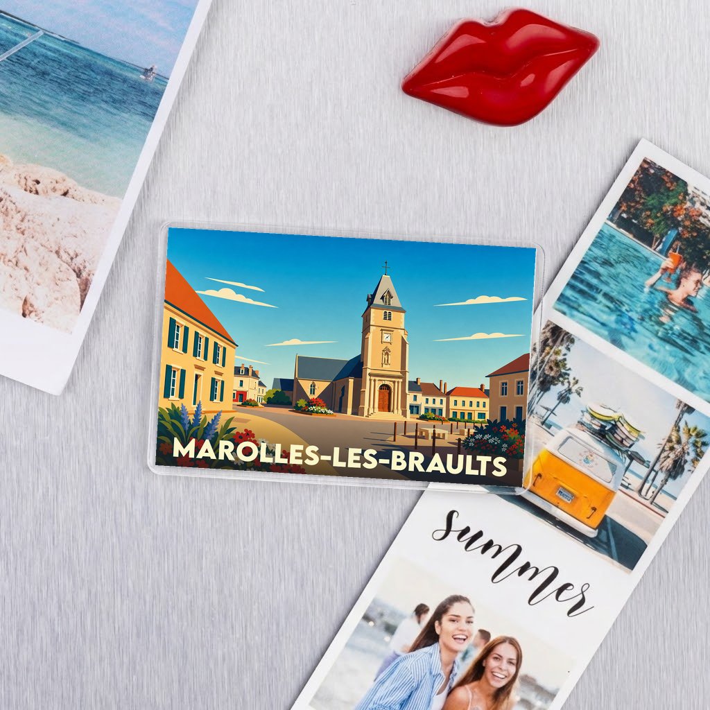 Magnet souvenir de la ville de Marolles-les-Braults avec une illustration colorée et stylisée.