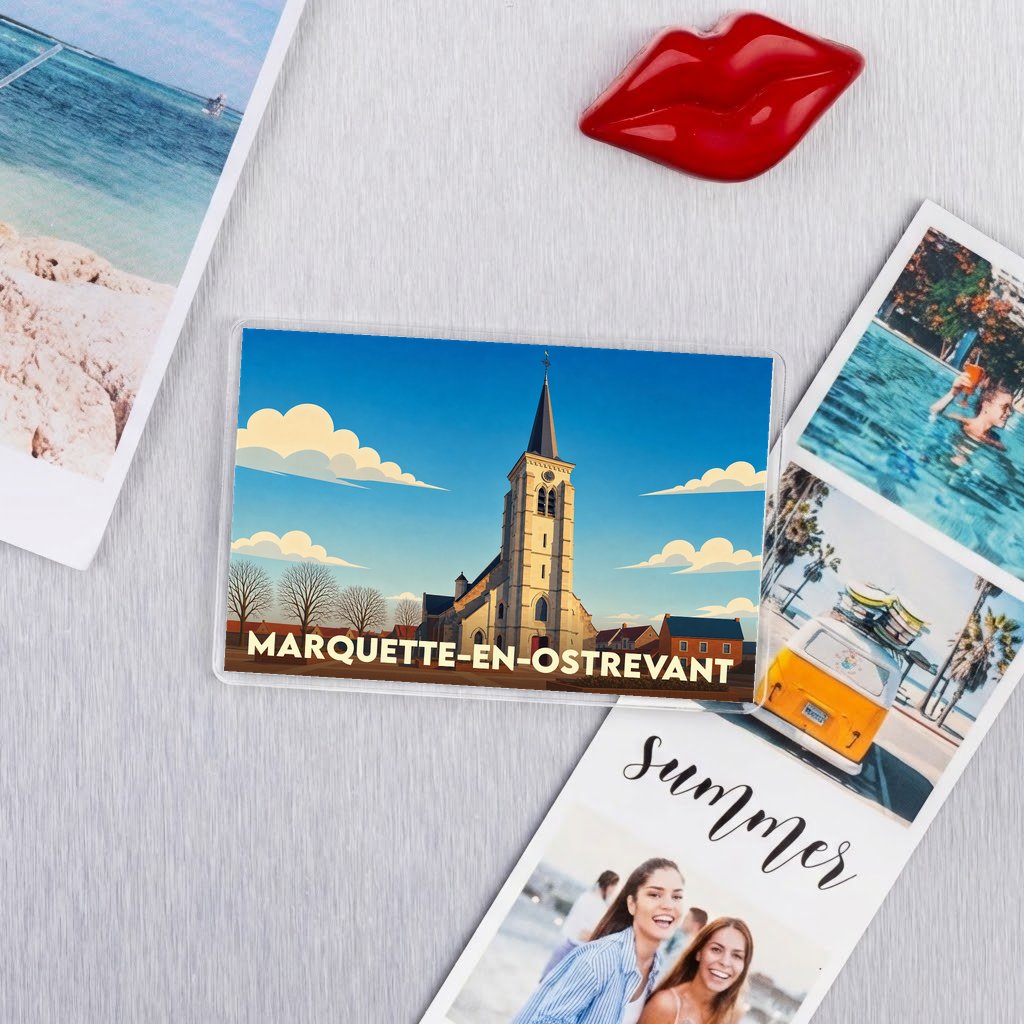 Magnat souvenir de la ville de Marquette-en-Ostrevant avec une illustration stylisée de son église.