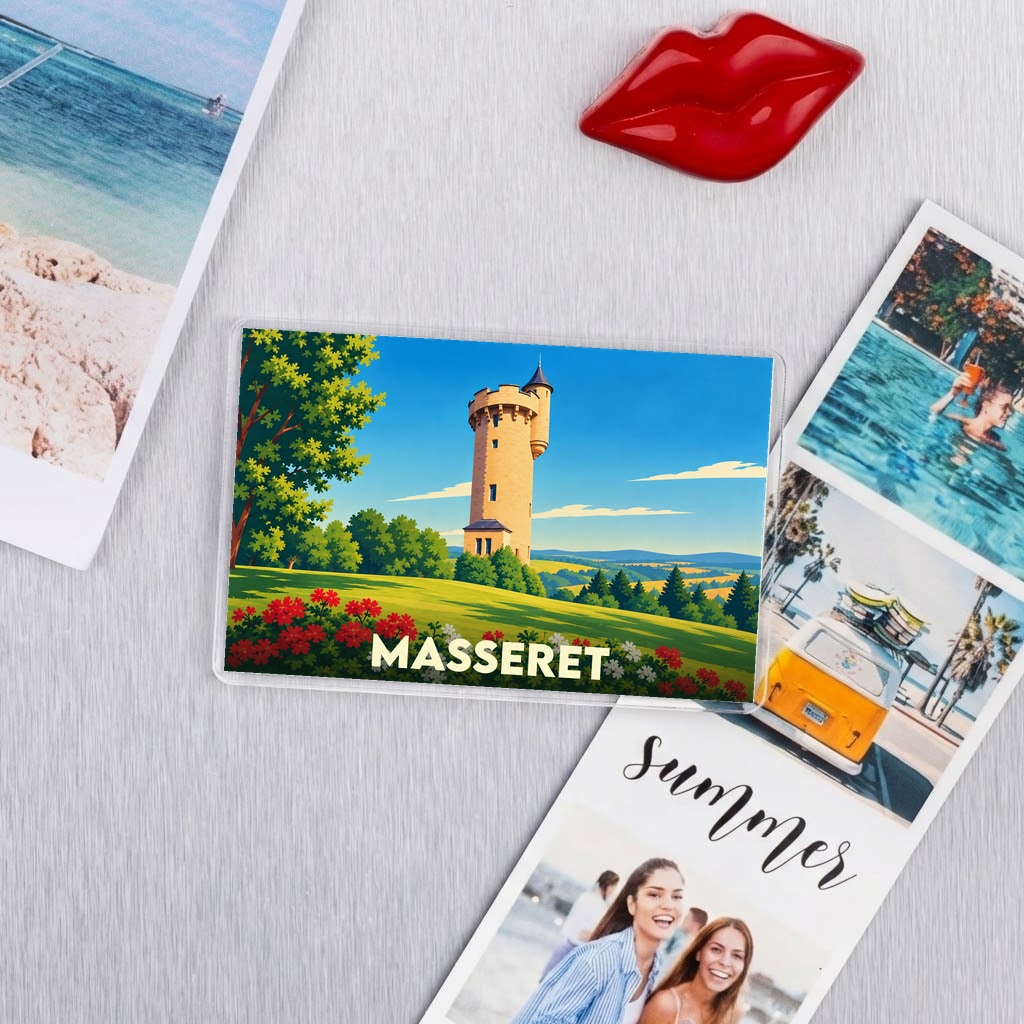 Magnet souvenir de la ville de Masseret avec une illustration stylisée de sa tour panoramique.