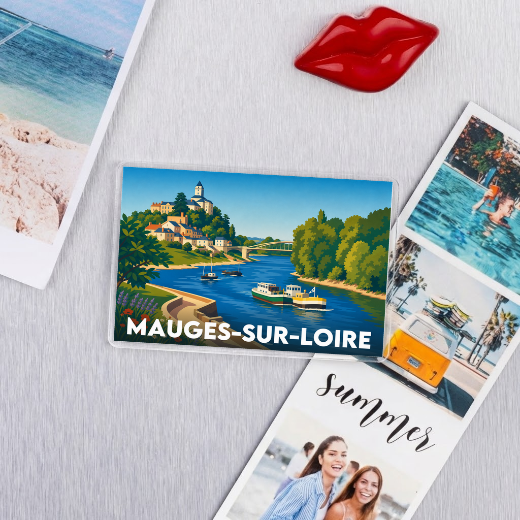 Magnet souvenir de la ville de Mauges-sur-Loire avec une illustration stylisée.