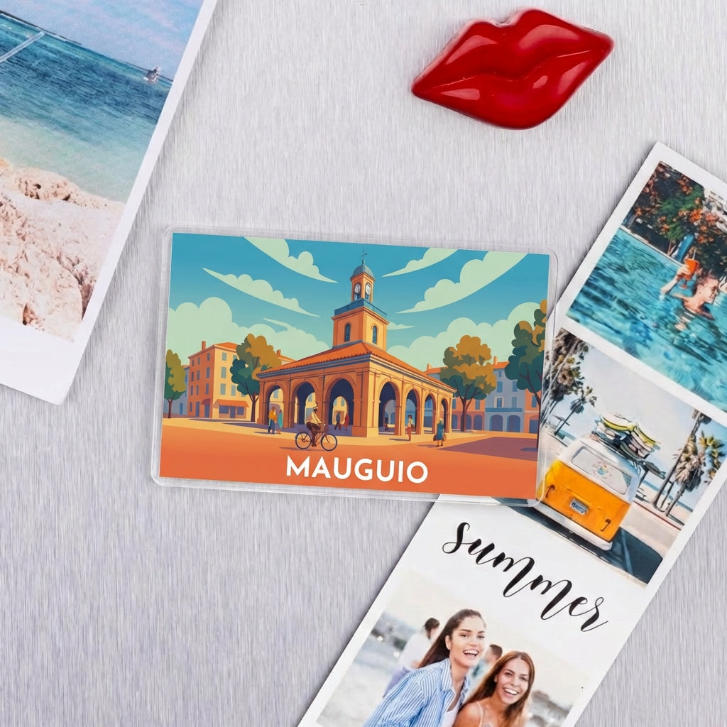 Magnet souvenir de la ville de Mauguio avec une illustration stylisée d'un bâtiment emblématique.
