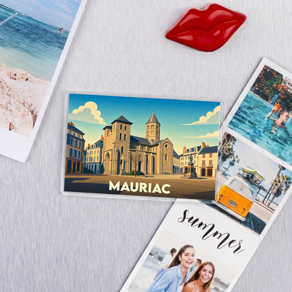 Magnet souvenir de la ville de Mauriac avec une illustration stylisée de son architecture.