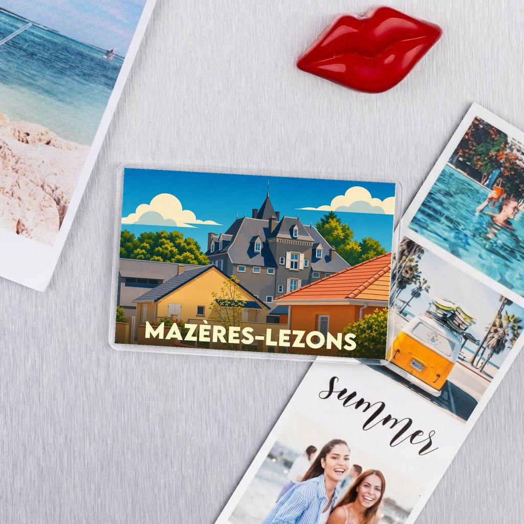Magnet souvenir de la ville de Mazères-Lezons avec une illustration stylisée.