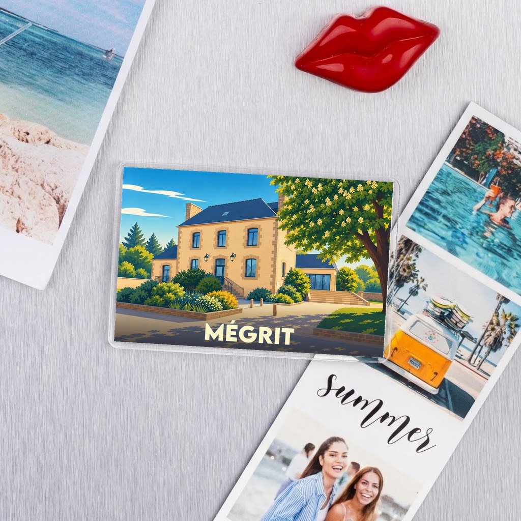 Magnet souvenir de la ville de Mégrit avec une illustration stylisée d'une maison en pierre.