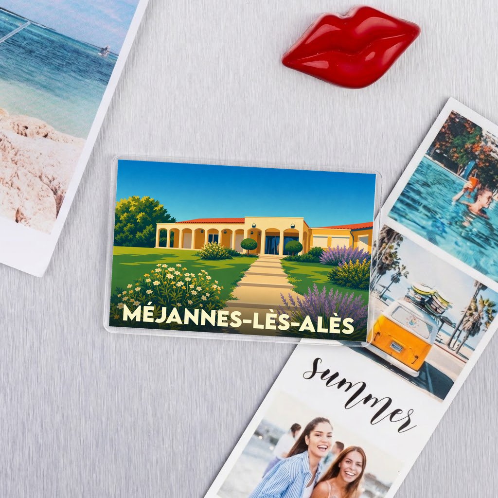 Magnet souvenir de la ville de Méjannes-lès-Alès avec une illustration stylisée d'un bâtiment provençal.