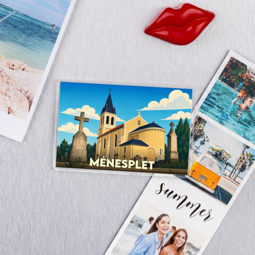 Magnet souvenir de la ville de Ménesplet avec une illustration stylisée de son église.
