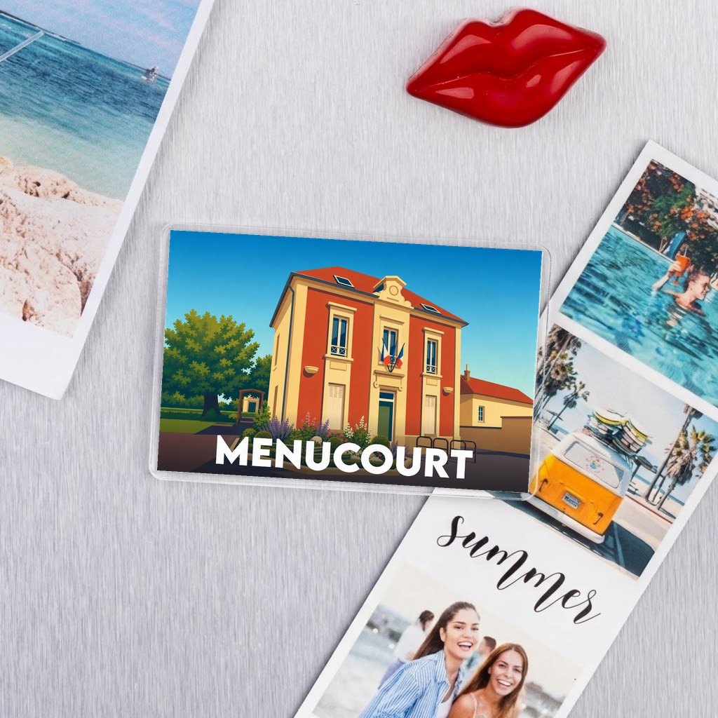 Magnet souvenir de la ville de Menucourt avec une illustration stylisée de sa mairie.