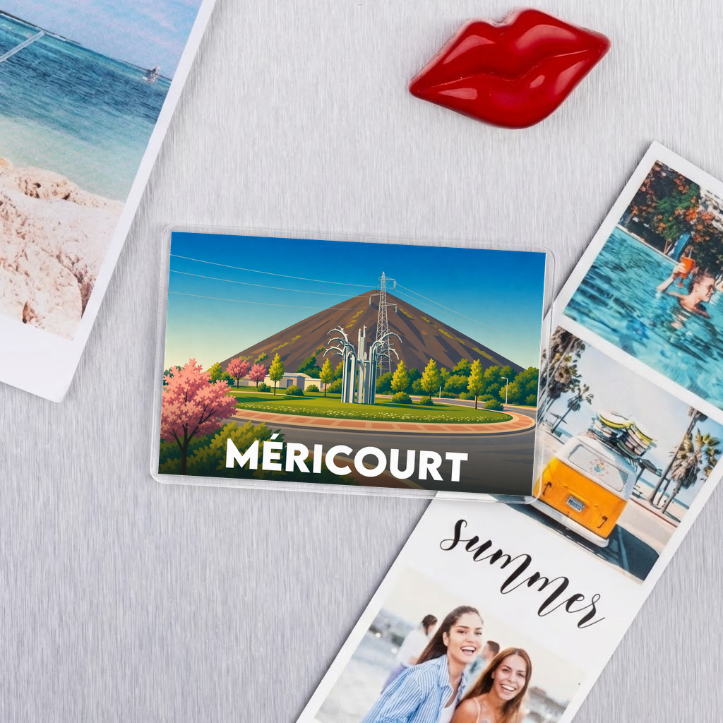 Magnet souvenir de la ville de Méricourt avec une illustration stylisée d'un terril.