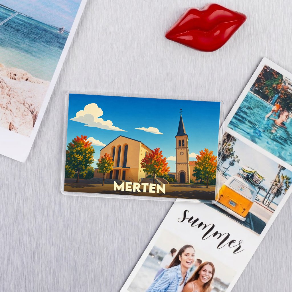 Magnet souvenir de la ville de Merten avec une illustration stylisée de son église.