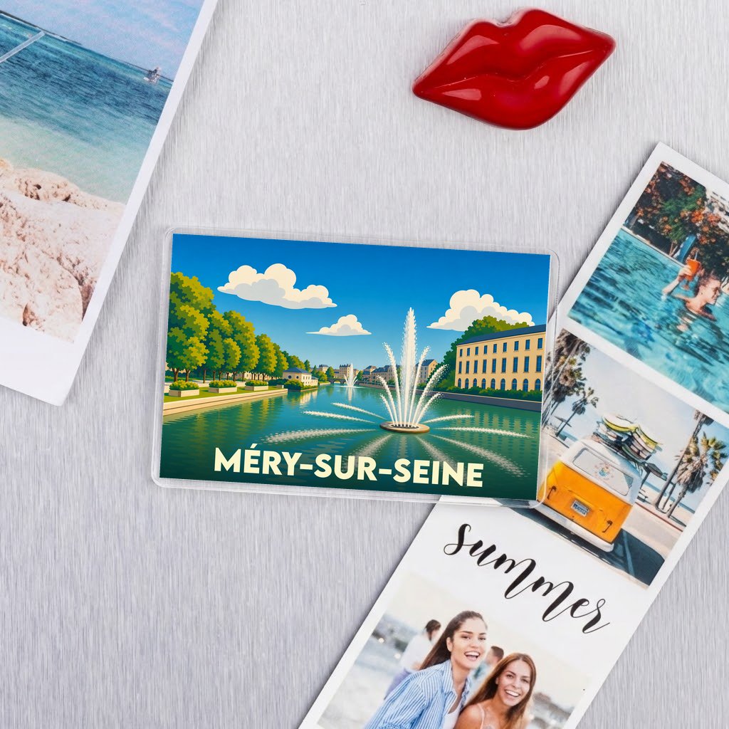 Magnet souvenir de la ville de Méry-sur-Seine avec une illustration stylisée d'une fontaine sur l'eau.