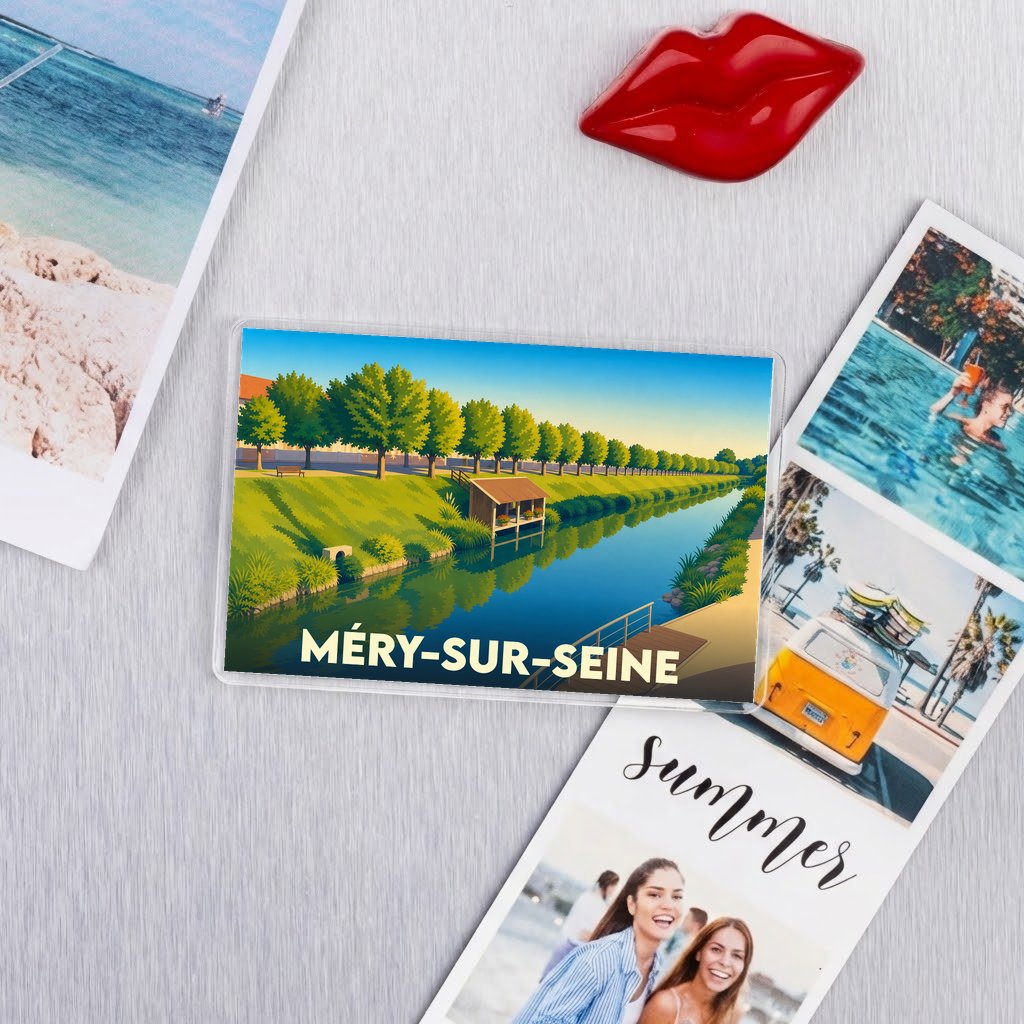 Magnet souvenir de la ville de Méry-sur-Seine avec une illustration stylisée des bords de l'eau.