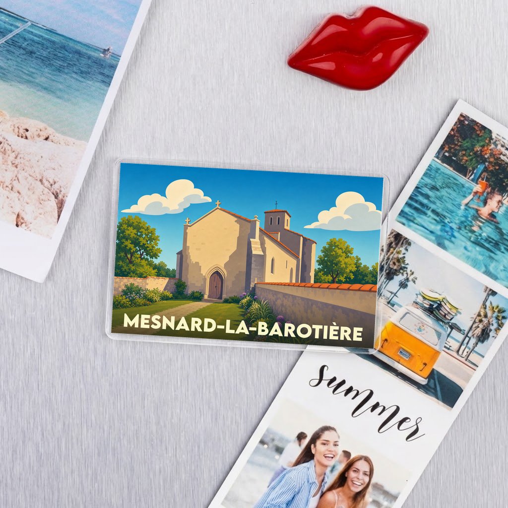 Magnet souvenir de la ville de Mesnard-la-Barotière avec une illustration stylisée d'une église.