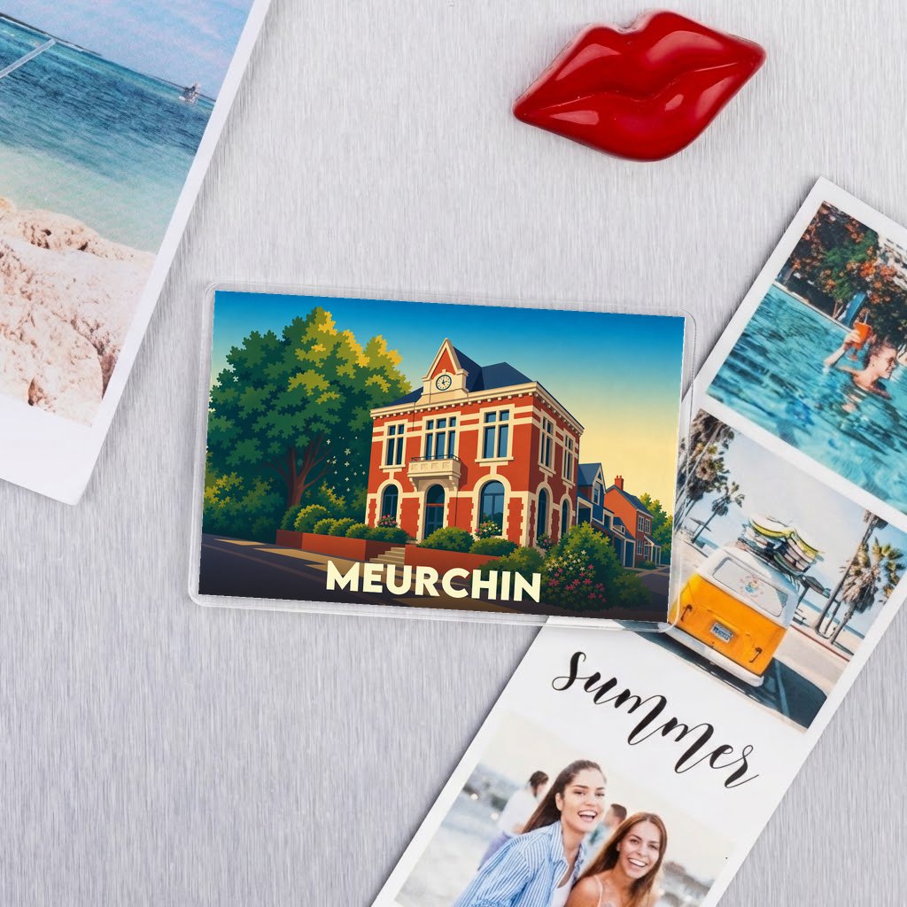Magnet souvenir de la ville de Meurchin avec une illustration stylisée de son hôtel de ville.