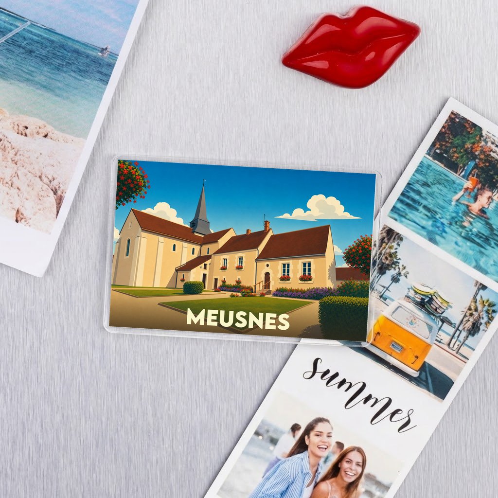 Magnet souvenir de la ville de Meusnes avec une illustration stylisée de son église.