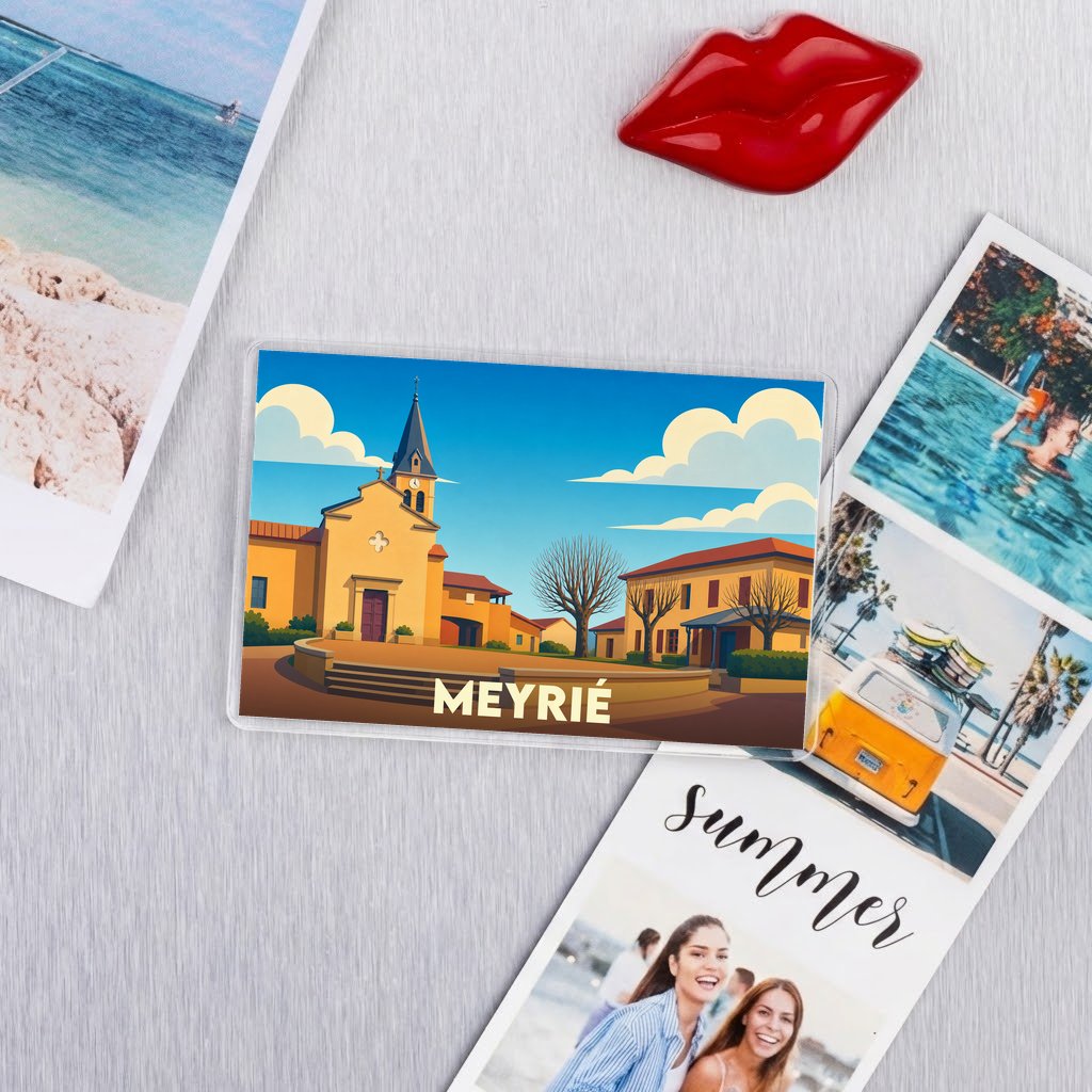 Magnet souvenir de la ville de Meyrié avec une illustration stylisée.