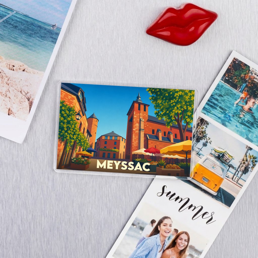 Magnet souvenir de la ville de Meyssac avec une illustration colorée et stylisée de son architecture.
