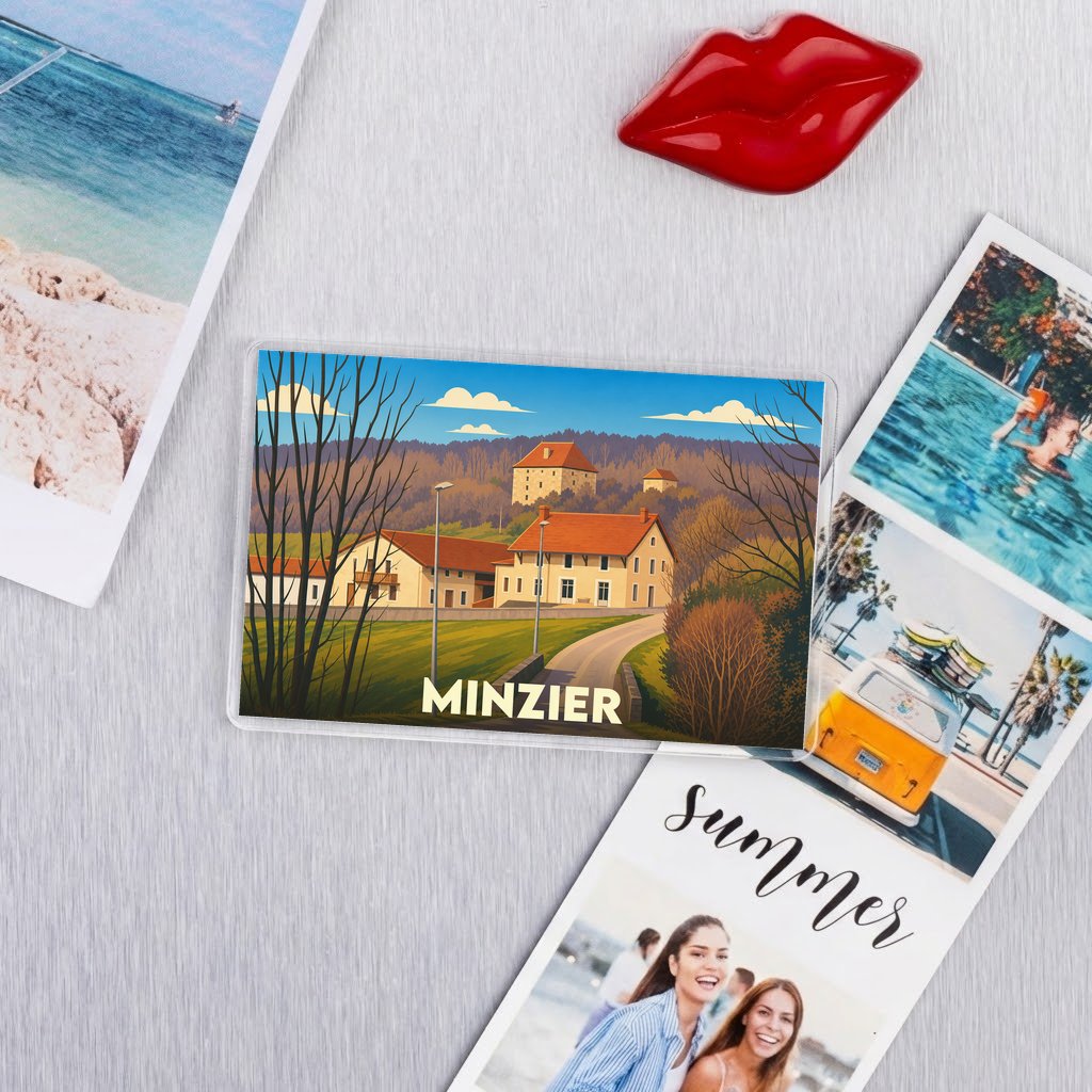 Magnet souvenir de la ville de Minzier avec une illustration stylisée.