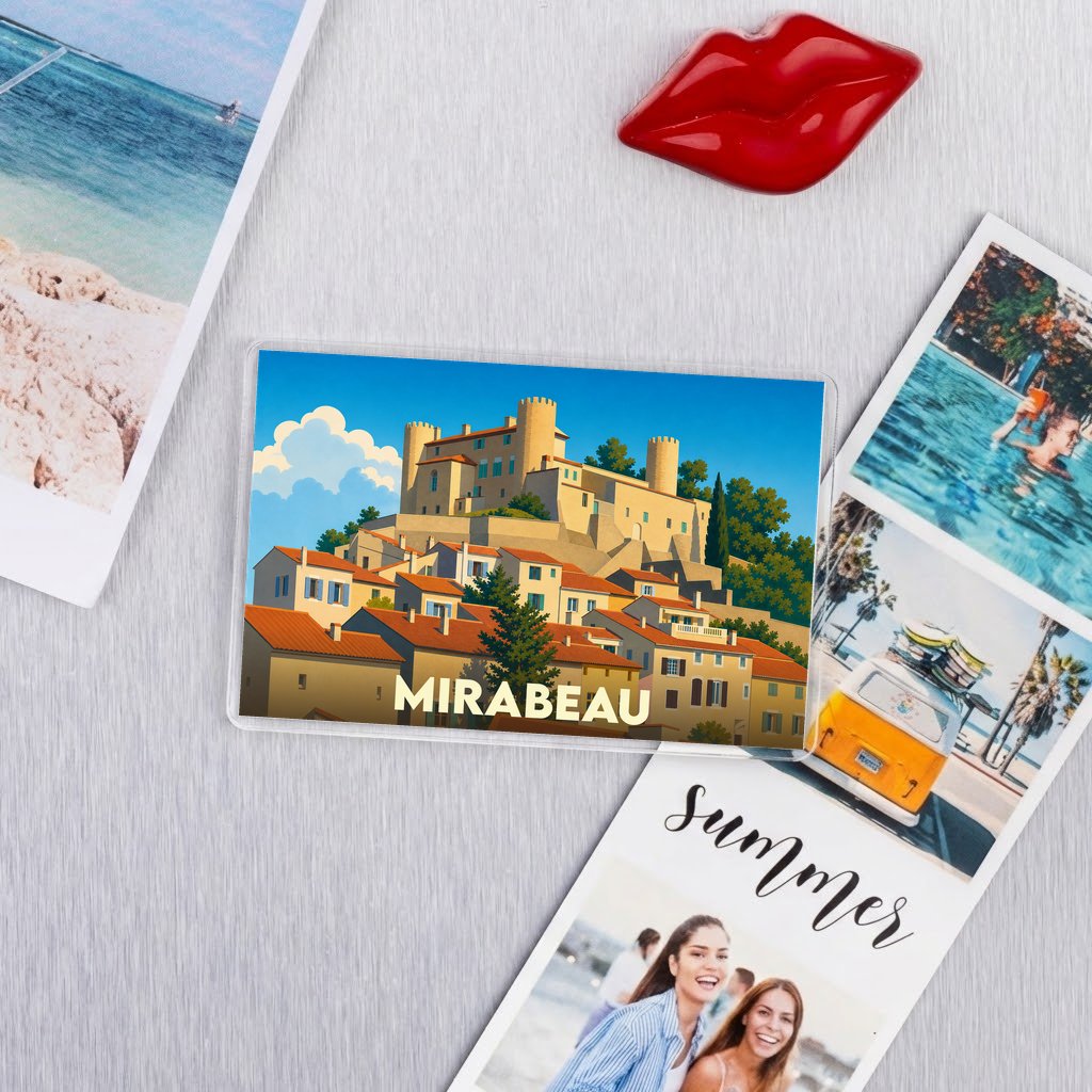 Magnet souvenir de la ville de Mirabeau arborant une illustration stylisée de son château et de ses maisons provençales.