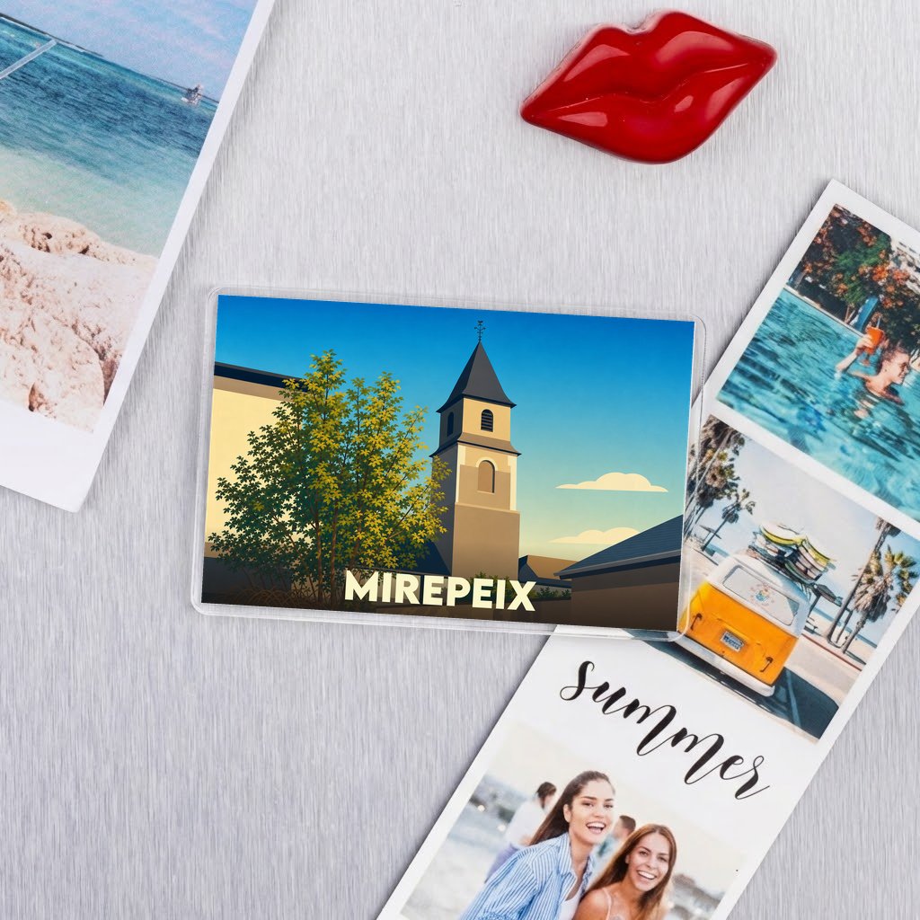 Magnet souvenir de la ville de Mirepeix avec une illustration stylisée.