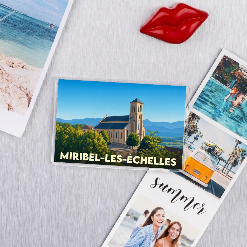 Magnet souvenir de la ville de Miribel-les-Échelles avec une illustration stylisée de son église.