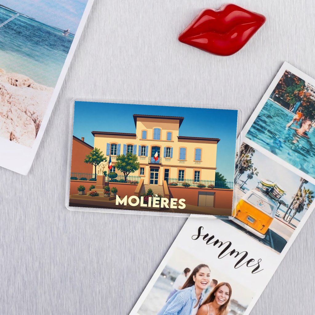 Magnet souvenir de la ville de Molières avec une illustration stylisée de sa mairie.